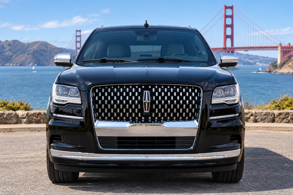 Front of the black 2022 Lincoln Navigator L limo at the Golden Gate Bridge
