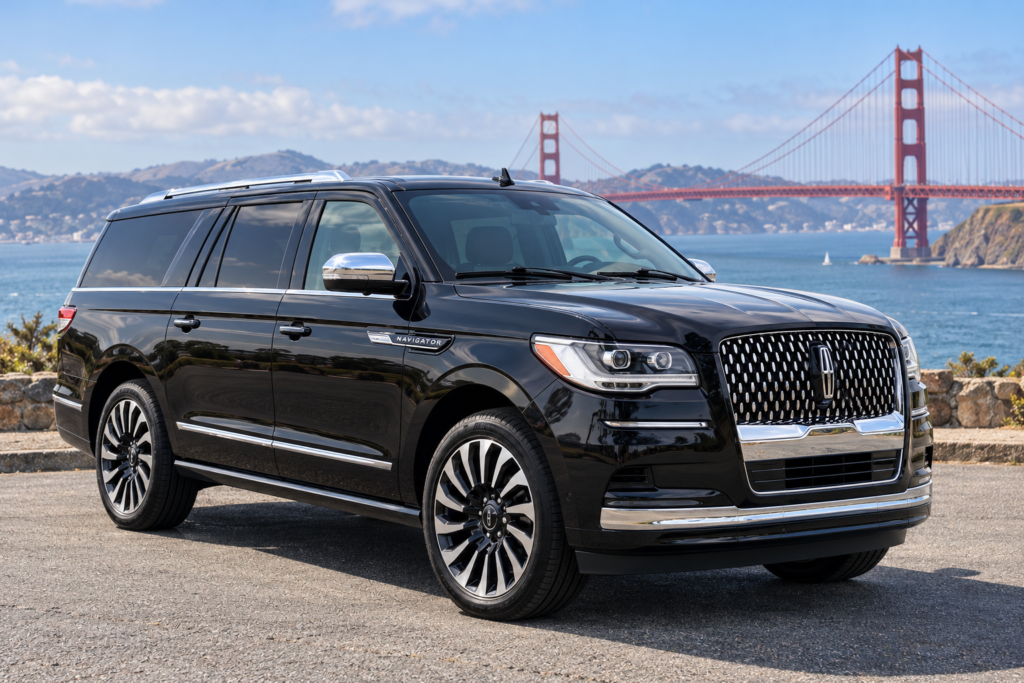 2022 Lincoln Navigator L black SUV limo service, Golden Gate Bridge San Francisco