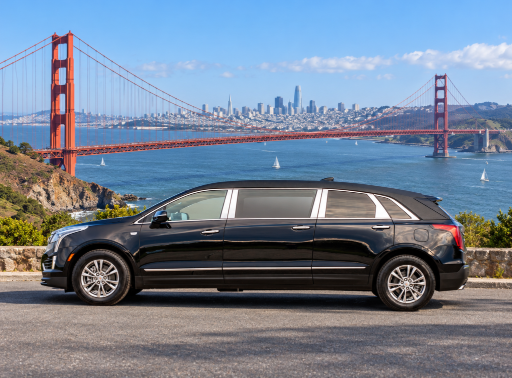 Black Cadillac 6-door limousine in front of the Golden Gate Bridge, San Francisco